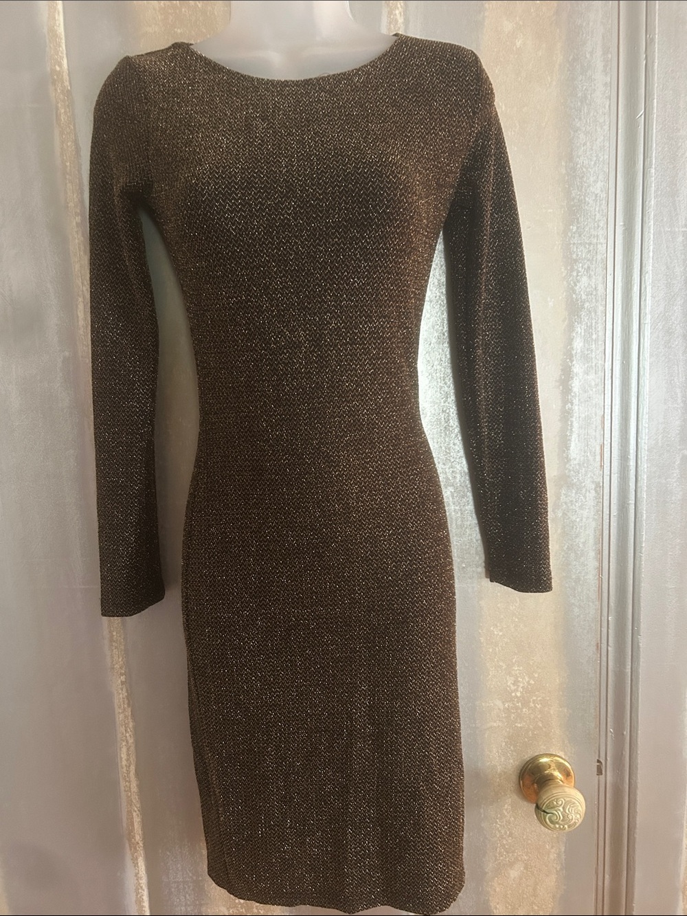 Shimmer Knit Long-Sleeve Bodycon Dress in Brown
